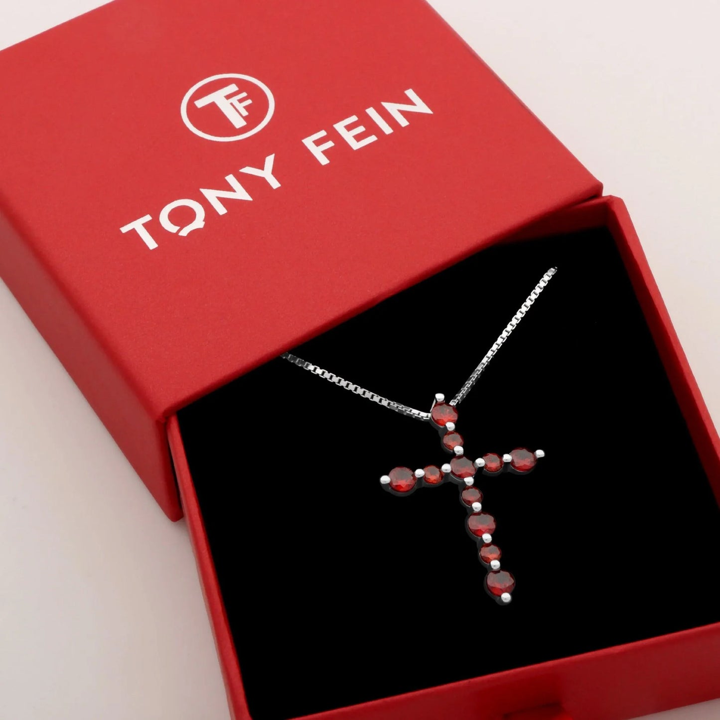 Kreuz Kette Zirkonia Stein Rot 925er Silber - Tony Fein