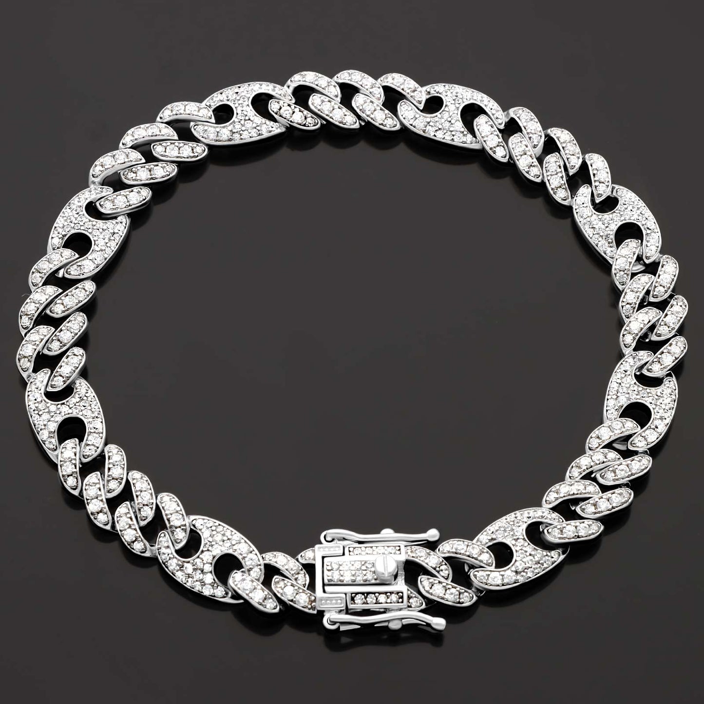 Panzerkaffebohnenarmband 8,5 mm Vollbesetzt Zirkonia Steine Weiß Echtes Silber für Damen und Herren