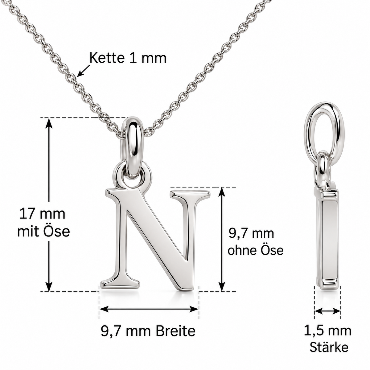 Buchstaben Anhänger N mit Kette Schlicht Echtes 925er Silber Rhodiniert