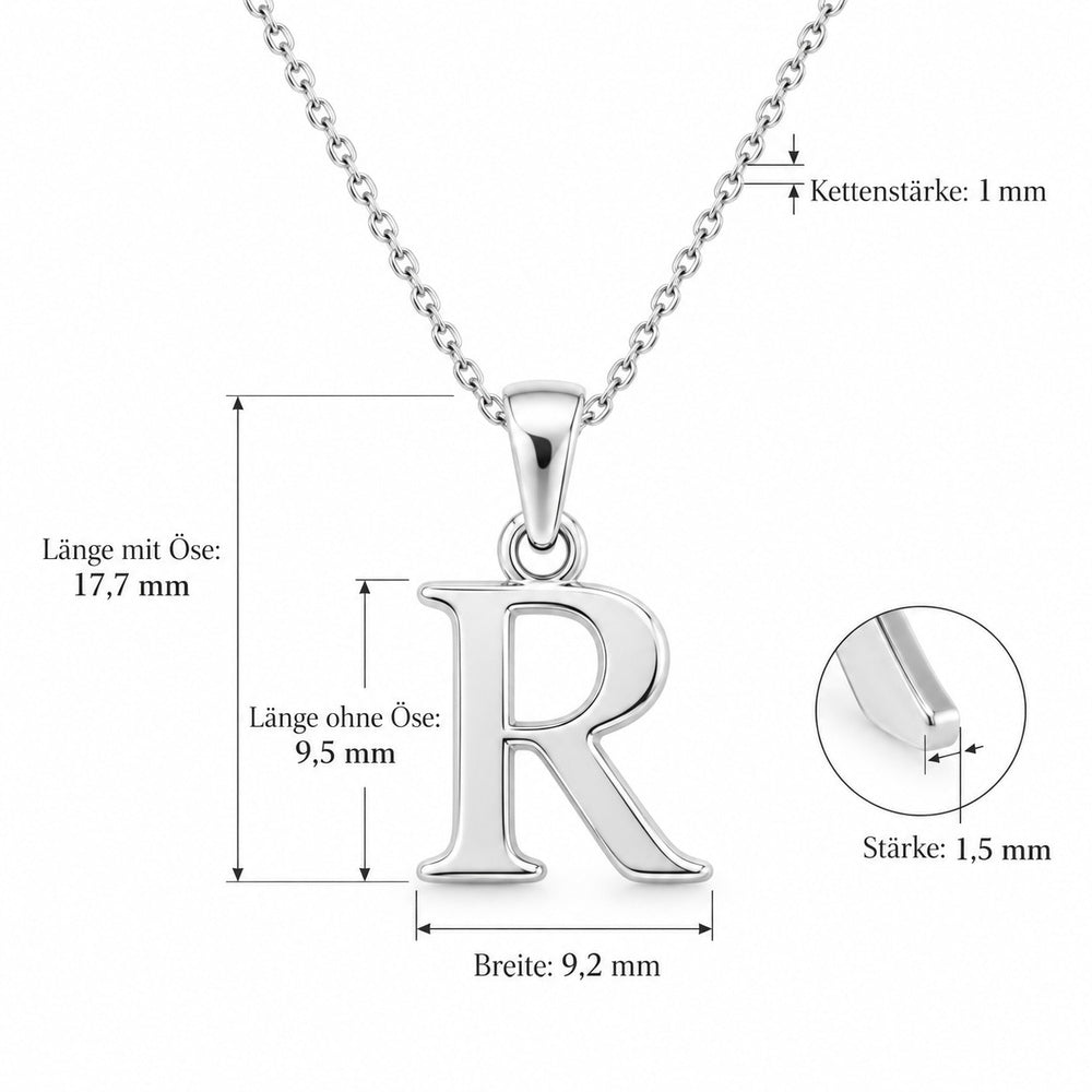 Buchstaben Anhänger R mit Kette Schlicht Echtes 925er Silber Rhodiniert