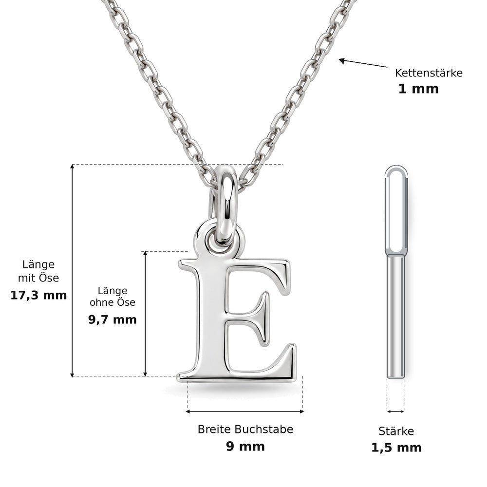 Buchstaben Anhänger E mit Kette Schlicht Echtes 925er Silber Rhodiniert