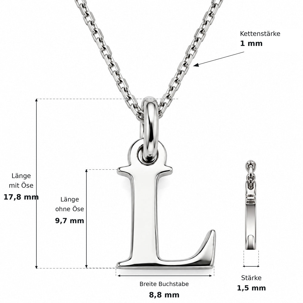 Buchstaben Anhänger L mit Kette Schlicht Echtes 925er Silber Rhodiniert