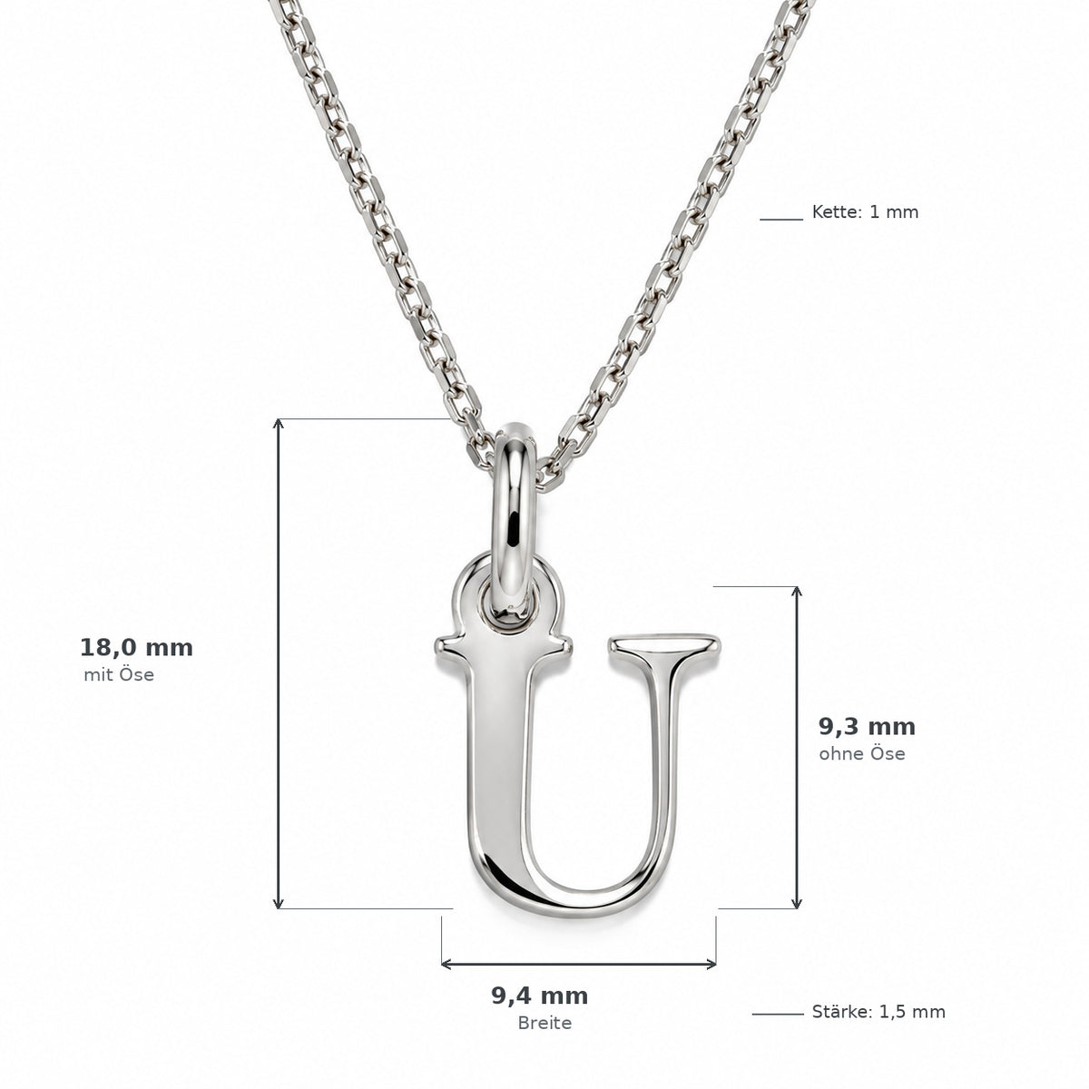 Buchstaben Anhänger U mit Kette Schlicht Echtes 925er Silber Rhodiniert