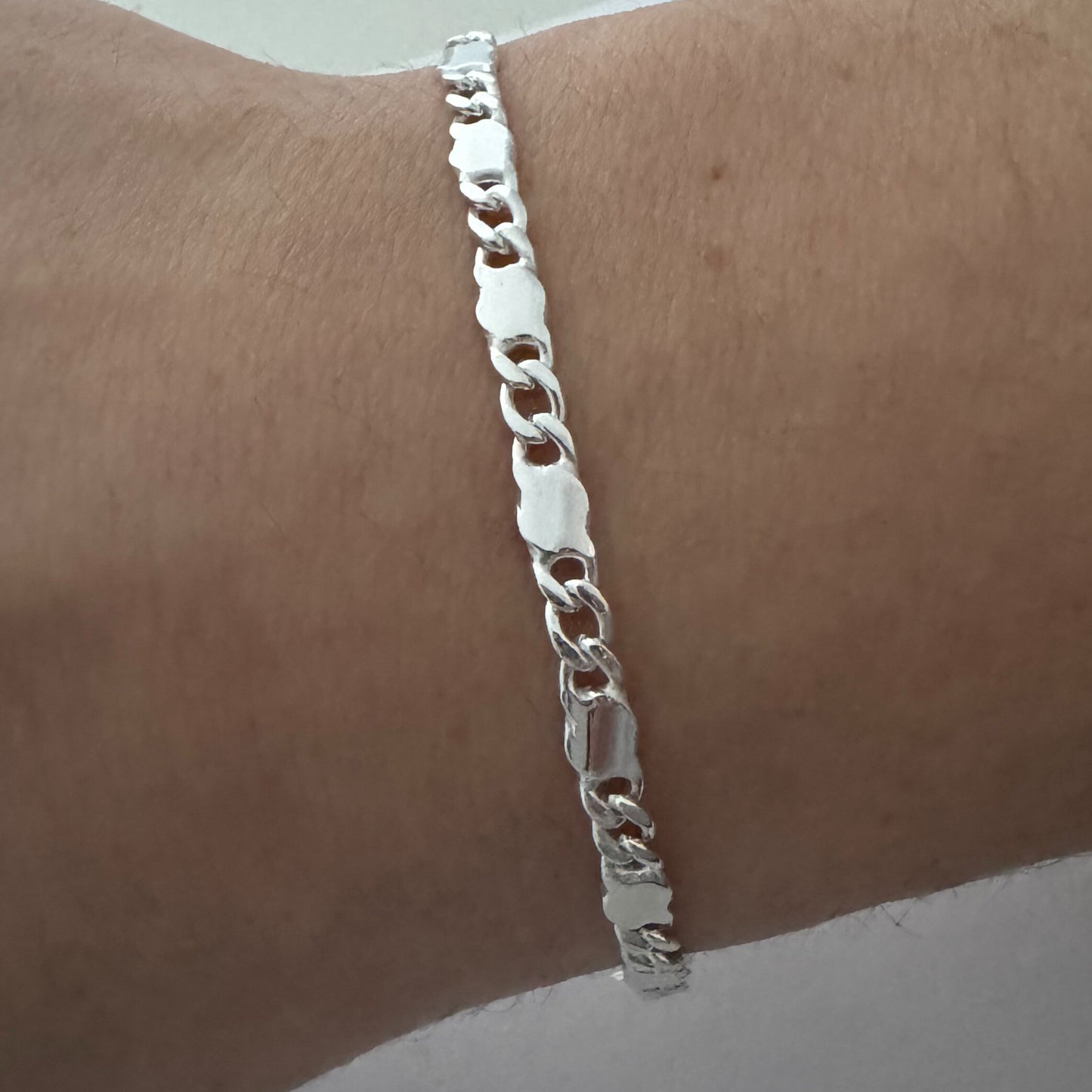 Panzer-Plattenarmband 4 mm Runder Karabiner 925er Sterling Silber Massiv