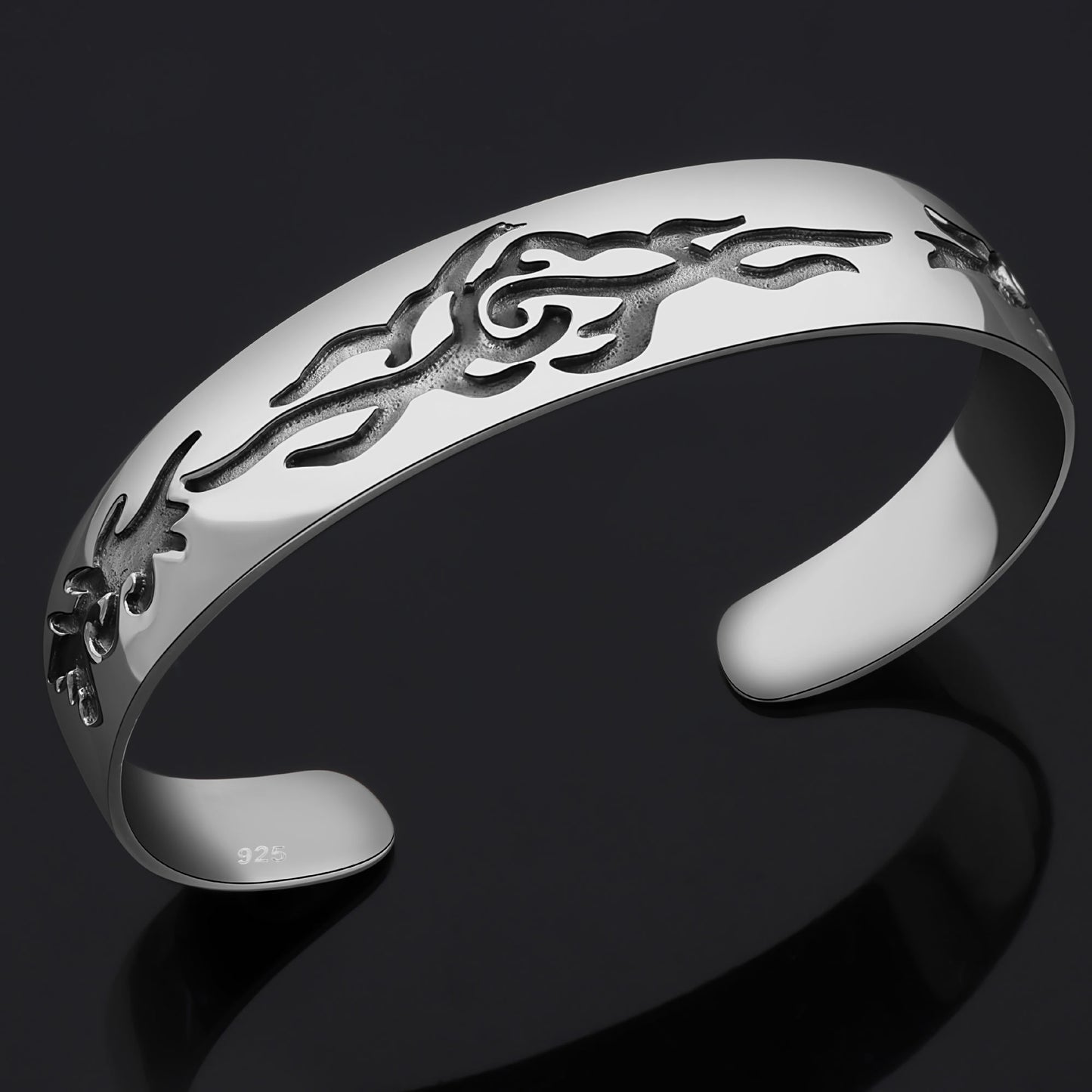 Armreif 15 mm Tribal Muster 925er Sterling Silber Massiv Poliert Oxidiert Damen Herren