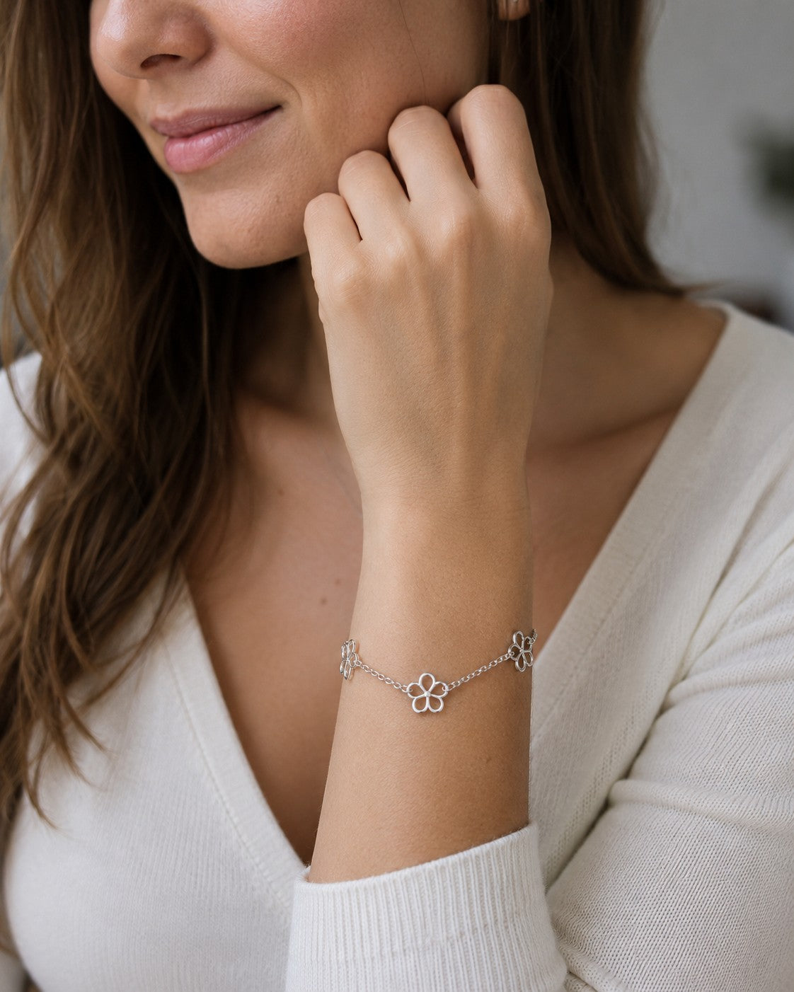 Blumen Design Armband 925er Sterling Silber Rhodiniert Massiv Verstellbar