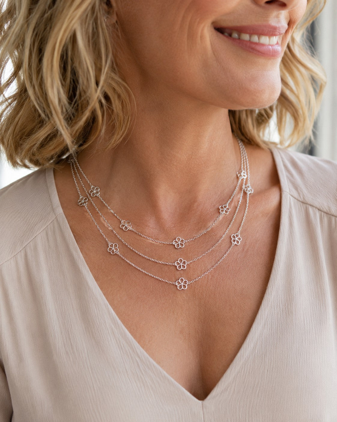 Blumen Design Layering-Kette 925er Sterling Silber Massiv Rhodiniert Verstellbar