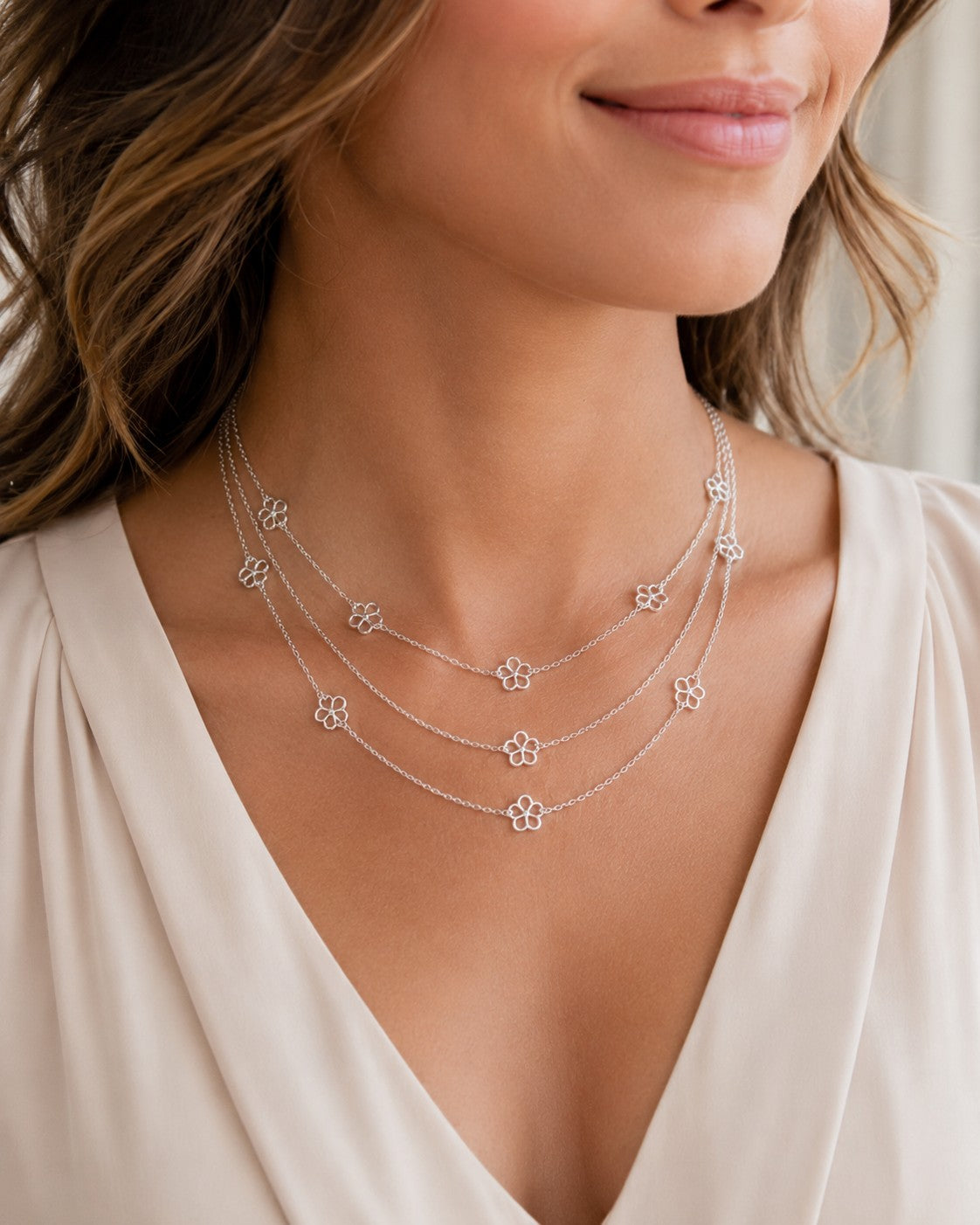 Blumen Design Layering-Kette 925er Sterling Silber Massiv Rhodiniert Verstellbar