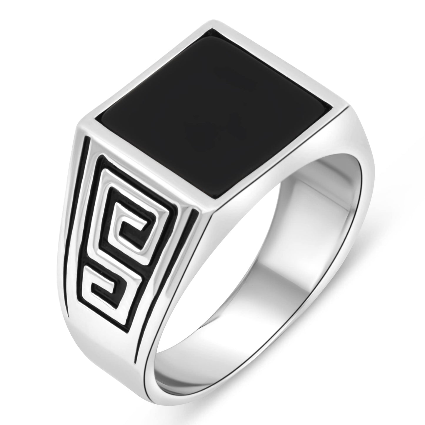 Siegelring mit eckigem flachen Onyx Stein und Griechisches Muster 925er Sterling Silber Massiv