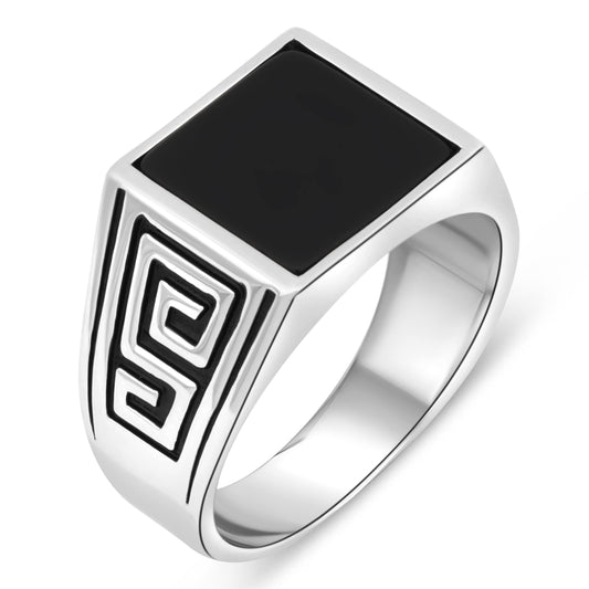 Siegelring mit eckigem flachen Onyx Stein und Griechisches Muster 925er Sterling Silber Massiv