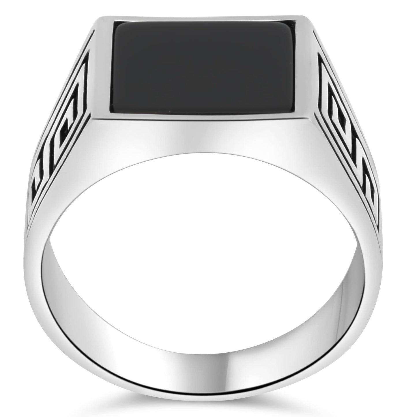 Siegelring mit eckigem flachen Onyx Stein und Griechisches Muster 925er Sterling Silber Massiv