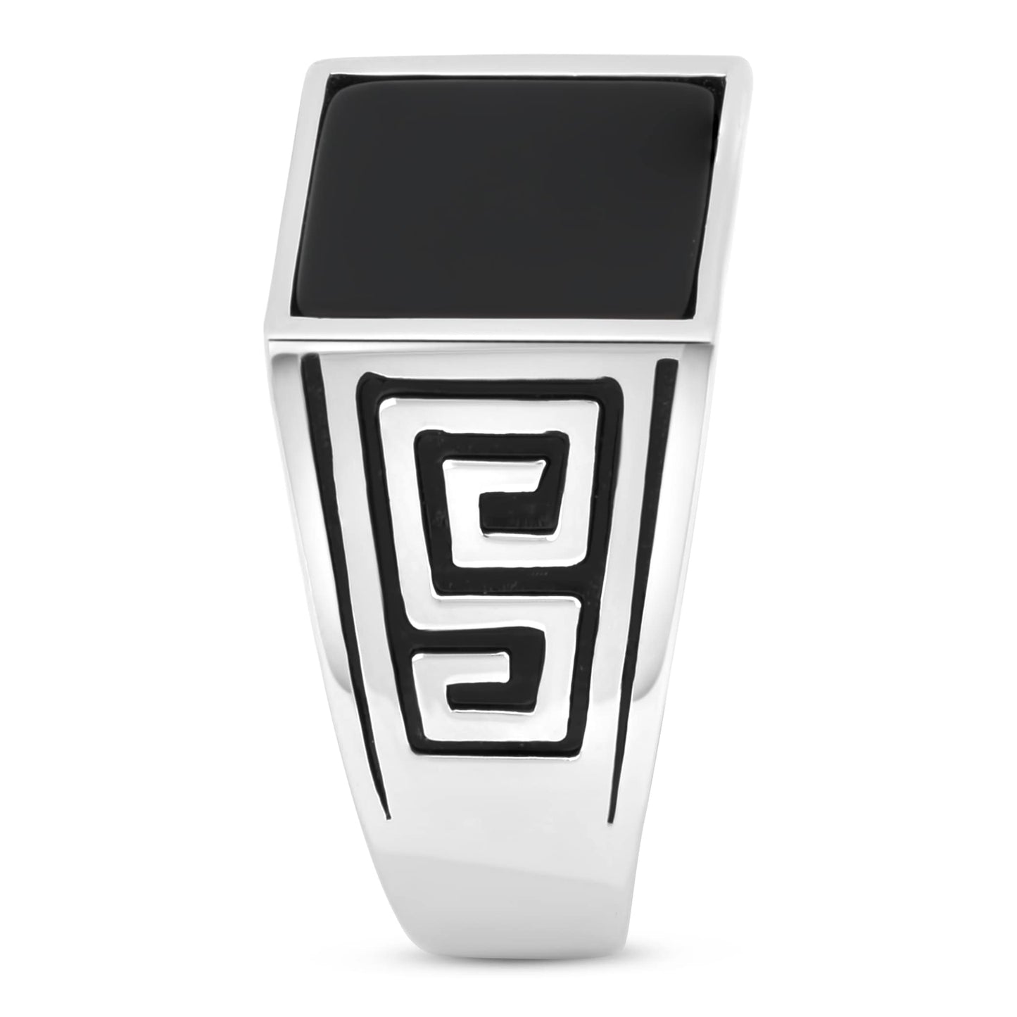 Siegelring mit eckigem flachen Onyx Stein und Griechisches Muster 925er Sterling Silber Massiv