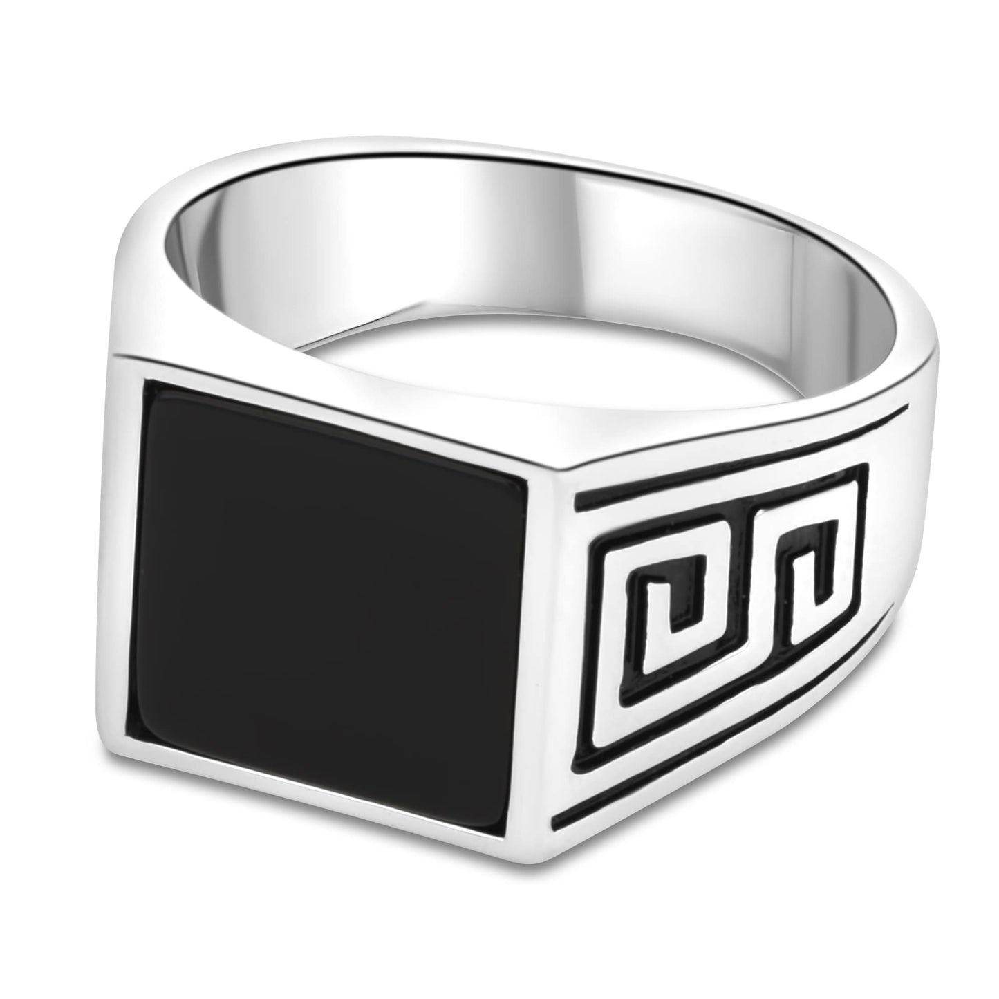 Siegelring mit eckigem flachen Onyx Stein und Griechisches Muster 925er Sterling Silber Massiv