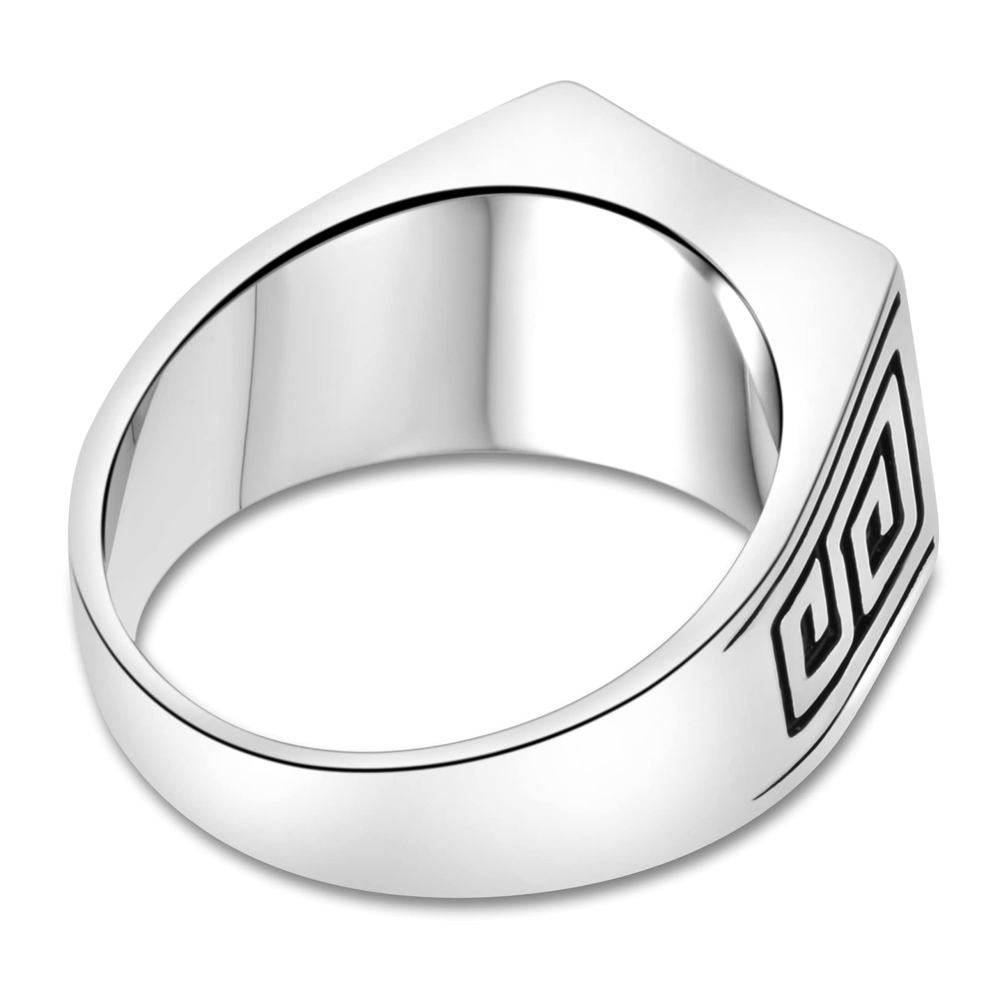 Siegelring mit eckigem flachen Onyx Stein und Griechisches Muster 925er Sterling Silber Massiv