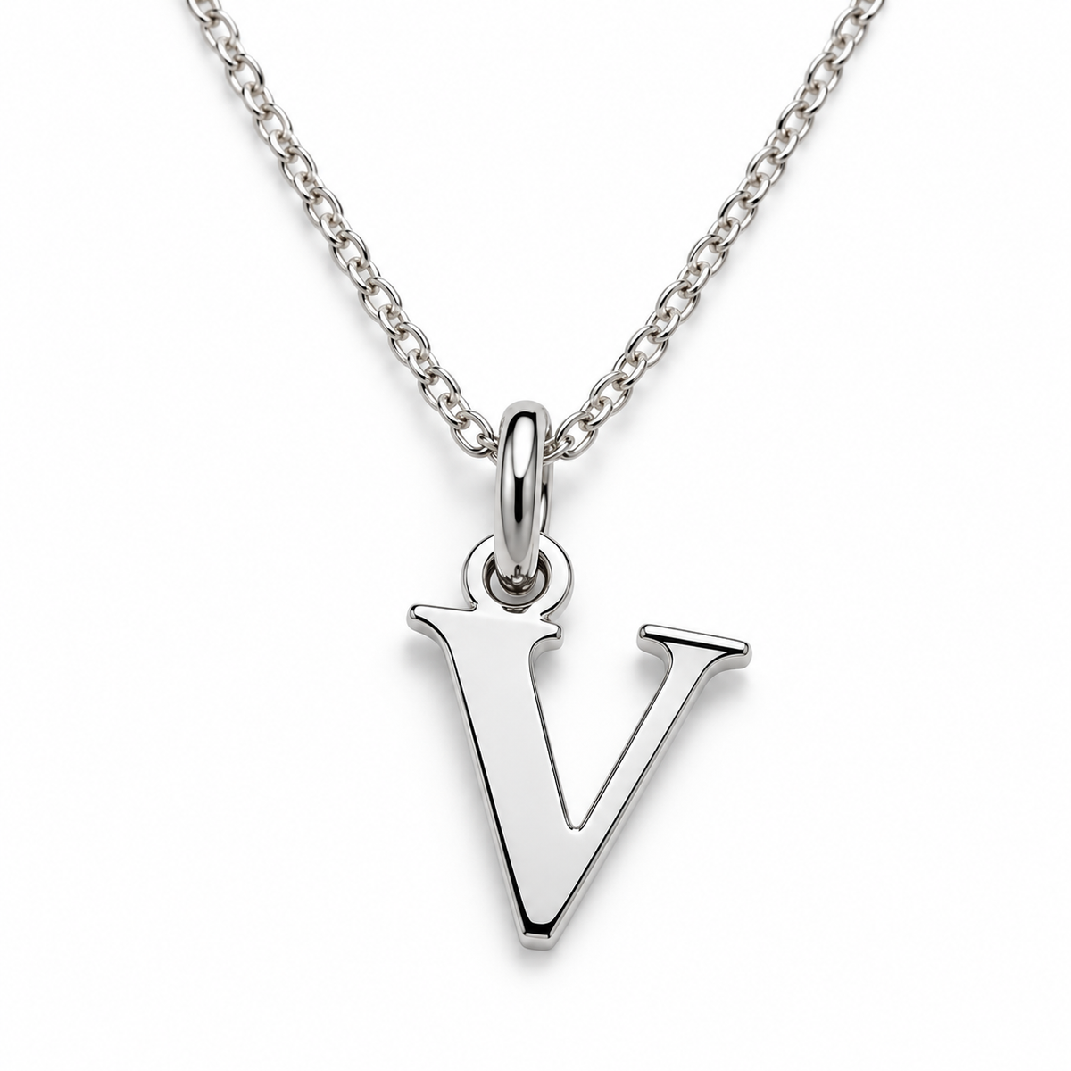 Buchstaben Anhänger V mit Kette Schlicht Echtes 925er Silber Rhodiniert
