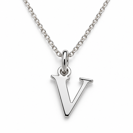 Buchstaben Anhänger V mit Kette Schlicht Echtes 925er Silber Rhodiniert