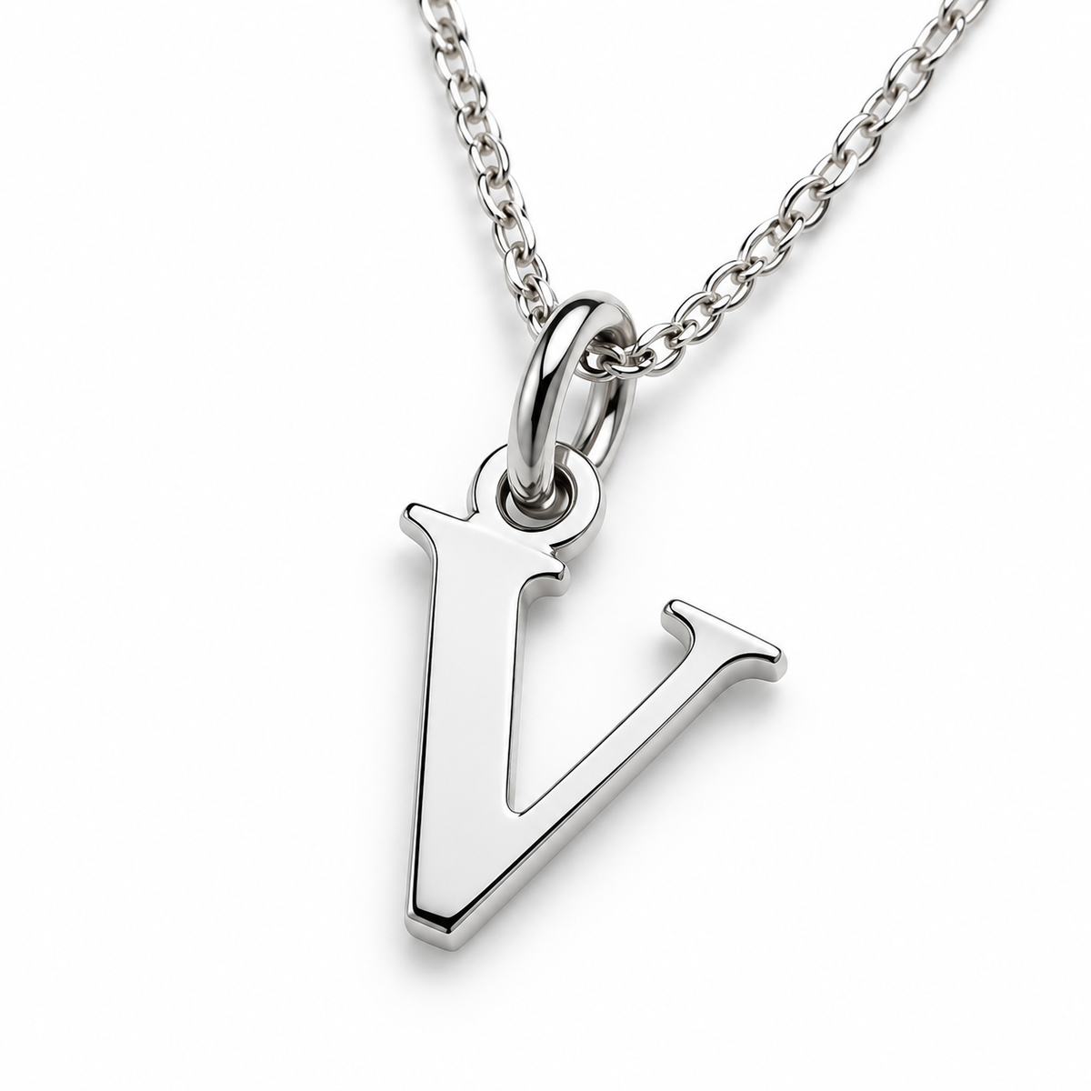 Buchstaben Anhänger V mit Kette Schlicht Echtes 925er Silber Rhodiniert