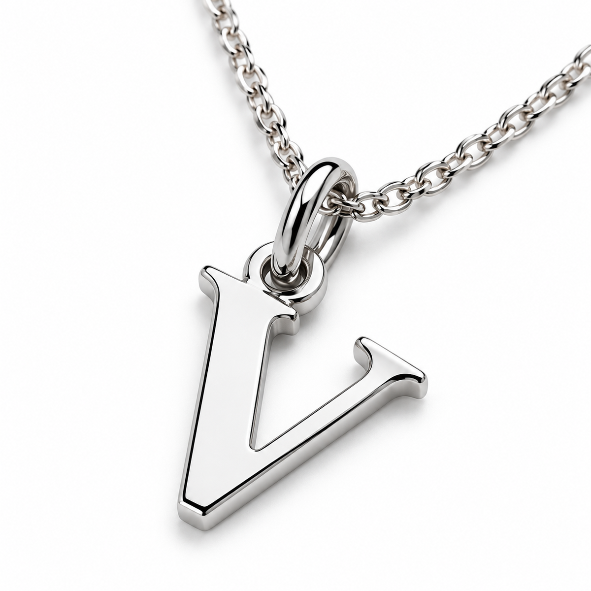 Buchstaben Anhänger V mit Kette Schlicht Echtes 925er Silber Rhodiniert