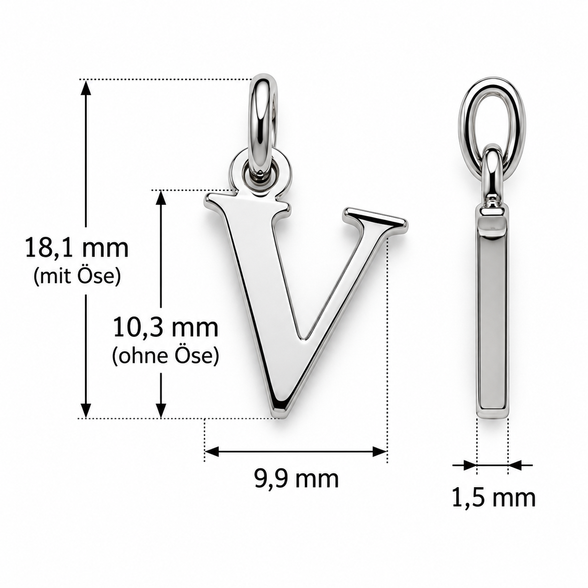 Buchstaben Anhänger V mit Kette Schlicht Echtes 925er Silber Rhodiniert
