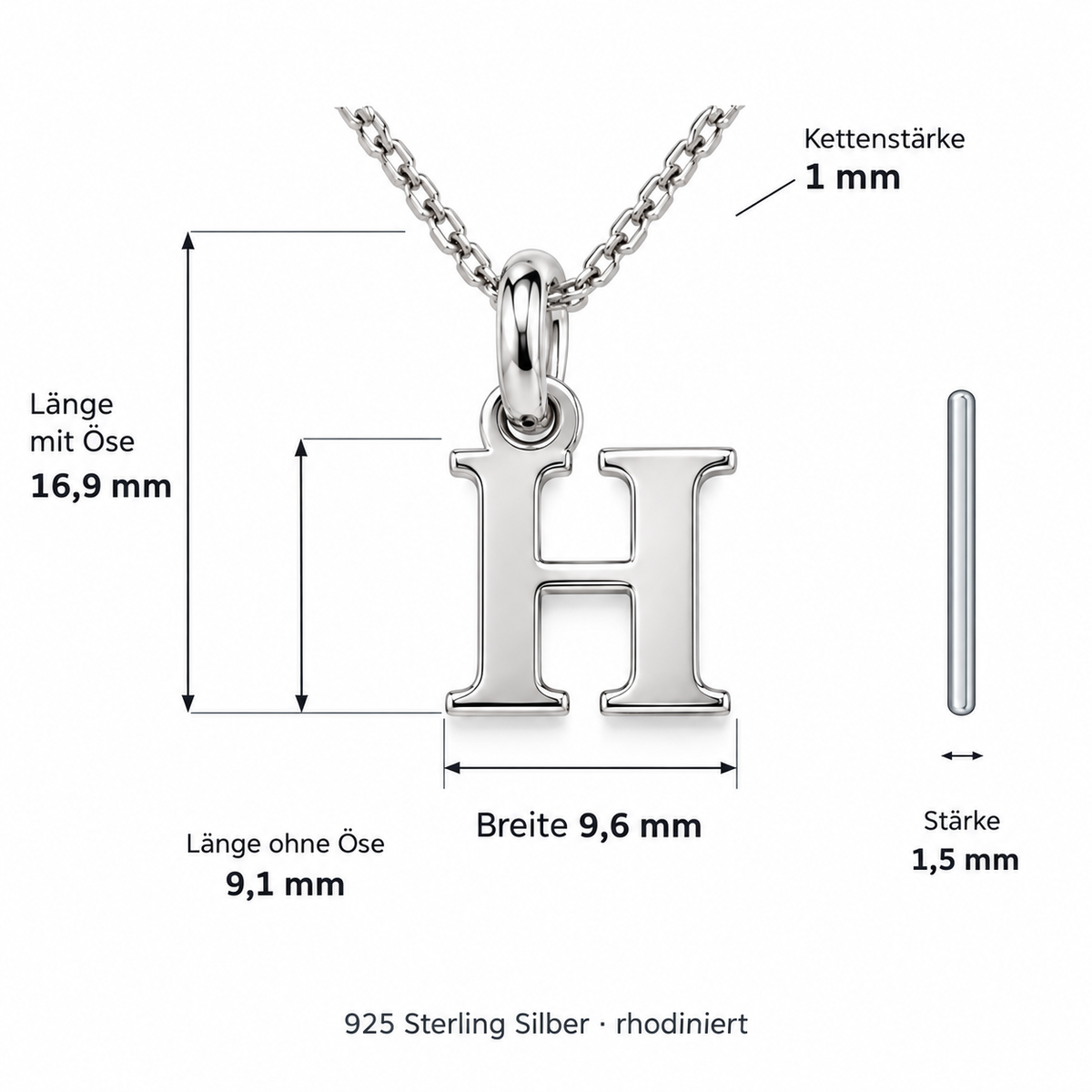 Buchstaben Anhänger H mit Kette Schlicht Echtes 925er Silber Rhodiniert