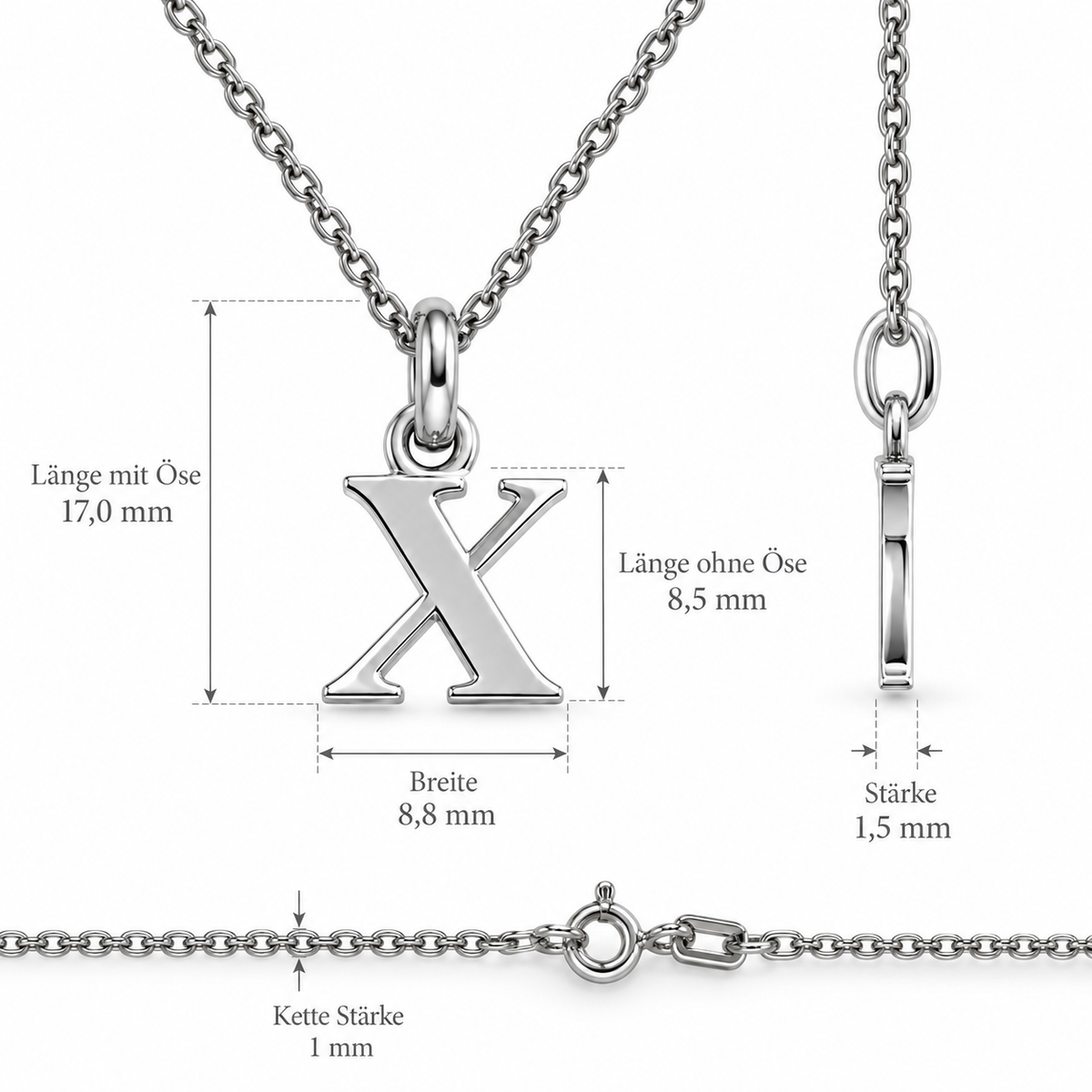 Buchstaben Anhänger X mit Kette Schlicht Echtes 925er Silber Rhodiniert