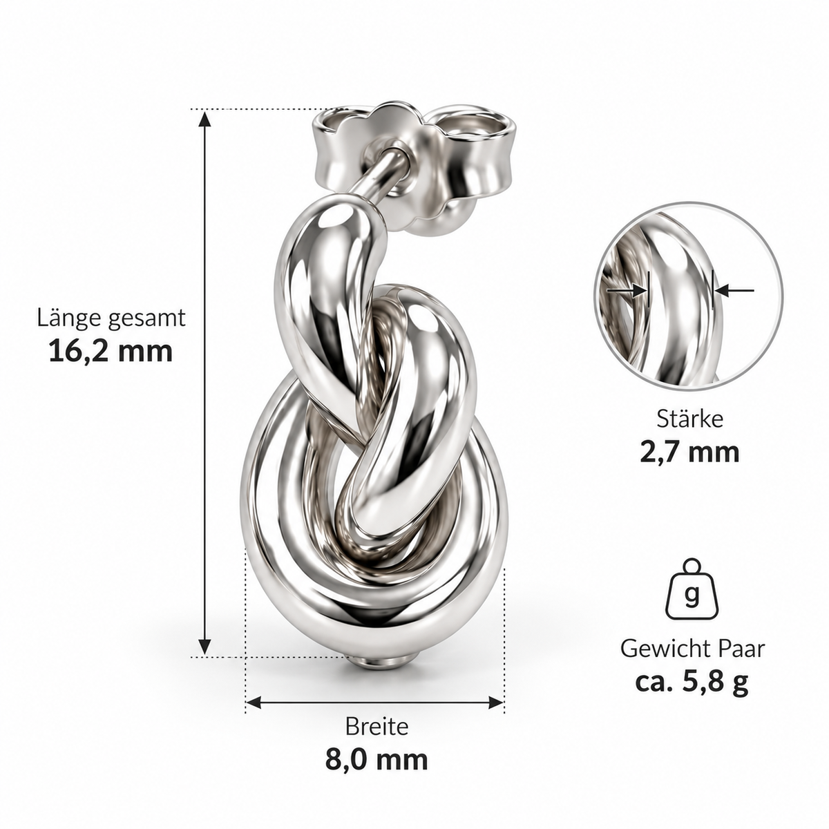 Liebesknoten Elegante Damen-Ohrstecker 925er Sterling Silber Massiv Rhodiniert