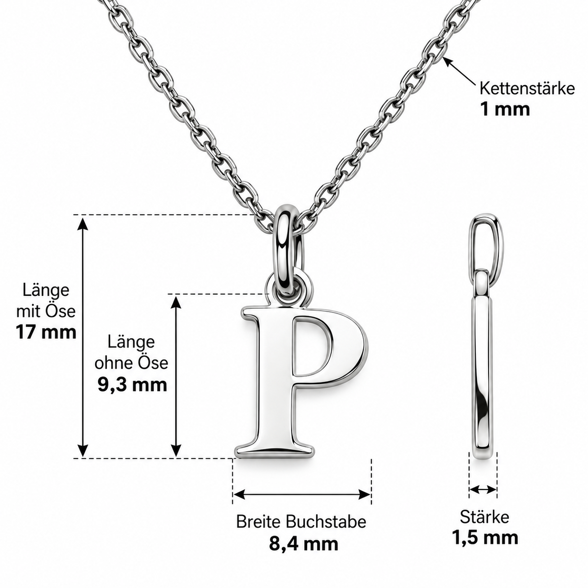 Buchstaben Anhänger P mit Kette Schlicht Echtes 925er Silber Rhodiniert