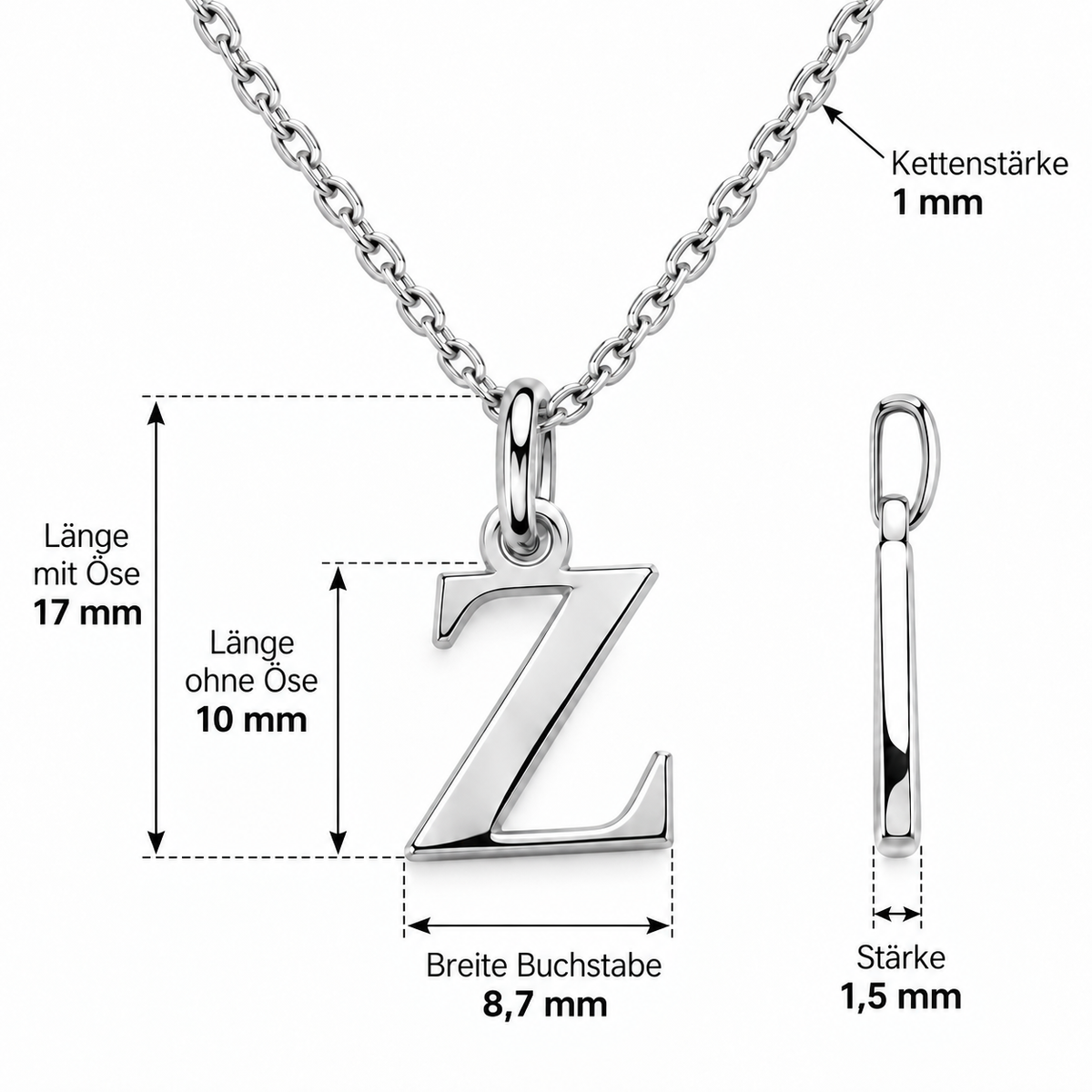 Buchstaben Anhänger Z mit Kette Schlicht Echtes 925er Silber Rhodiniert