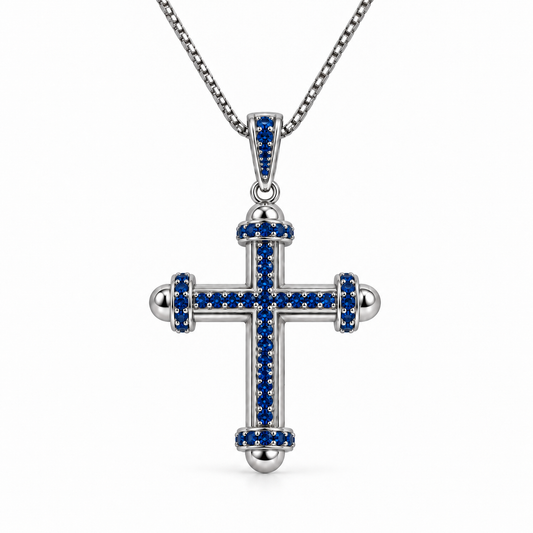 Kreuzanhänger Royal mit blauem Zirkonia 925er Sterling Silber Rhodiniert