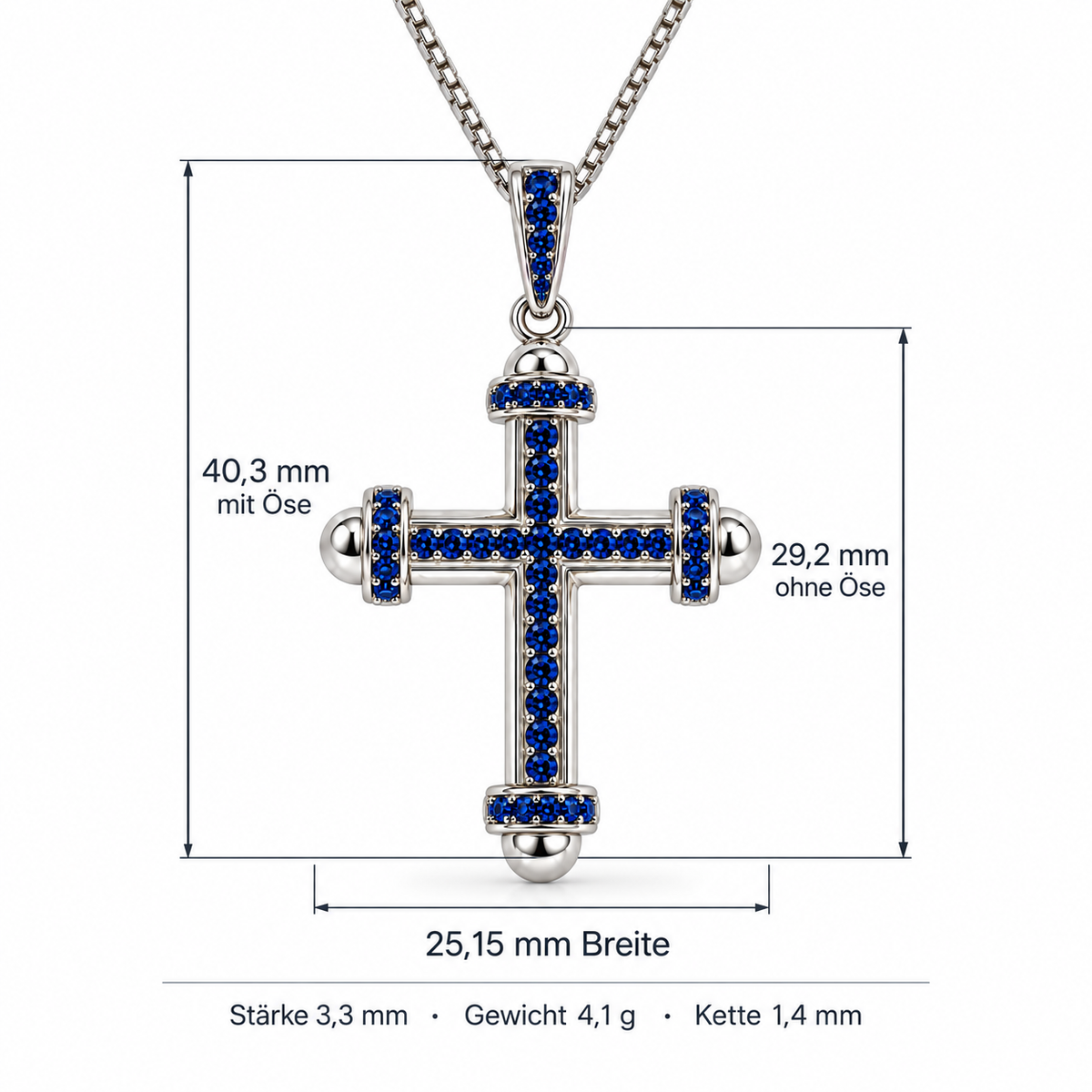 Kreuzanhänger Royal mit blauem Zirkonia 925er Sterling Silber Rhodiniert