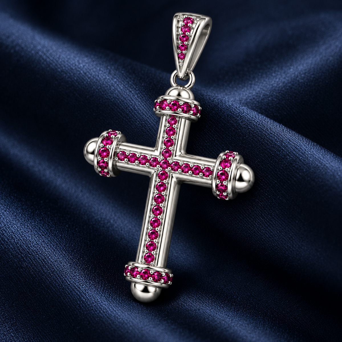 Kreuzanhänger Royal mit dunkelpinkem Zirkonia 925er Sterling Silber Rhodiniert