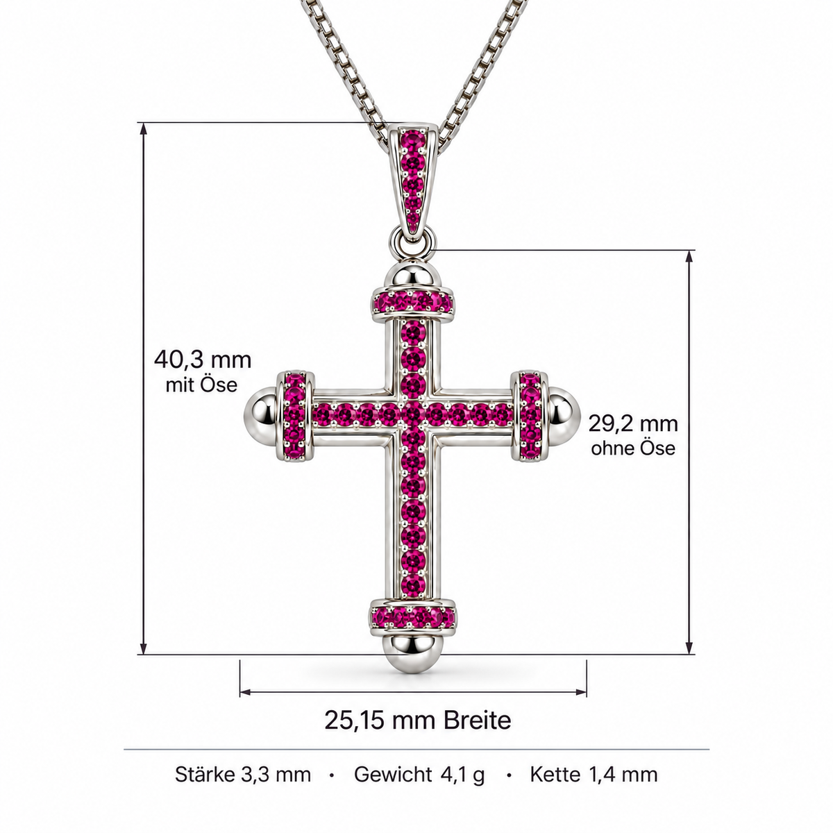 Kreuzanhänger Royal mit dunkelpinkem Zirkonia 925er Sterling Silber Rhodiniert