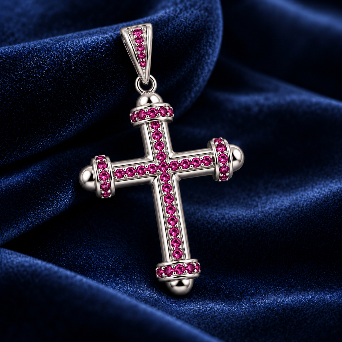 Kreuzanhänger Royal mit dunkelpinkem Zirkonia 925er Sterling Silber Rhodiniert