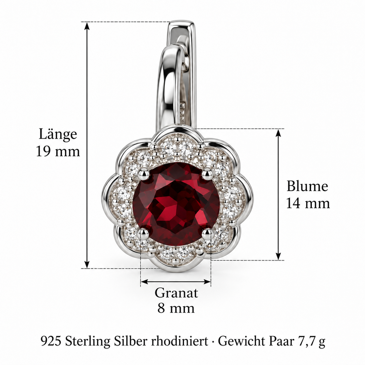 Granatblüte Elegante Damenohrringe aus 925er Sterling Silber Rhodiniert