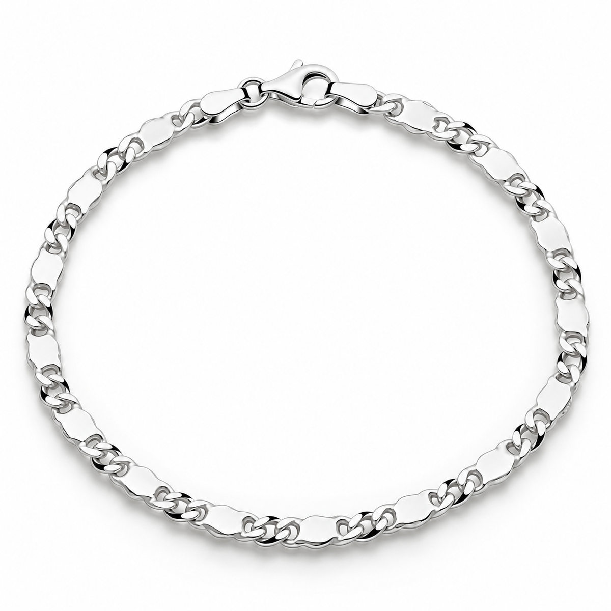 Panzer-Plattenarmband 4 mm Runder Karabiner 925er Sterling Silber Massiv