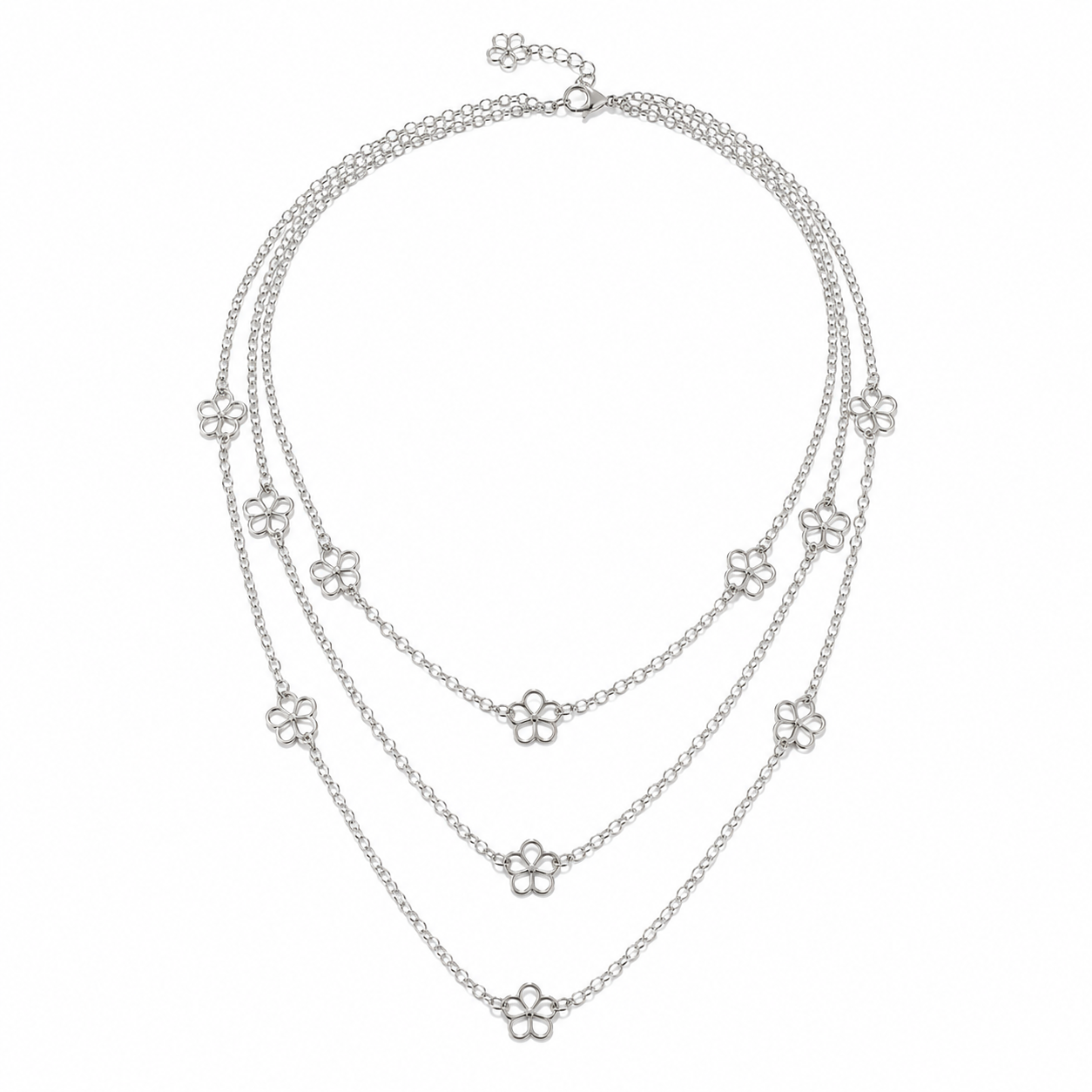 Blumen Design Layering-Kette 925er Sterling Silber Massiv Rhodiniert Verstellbar