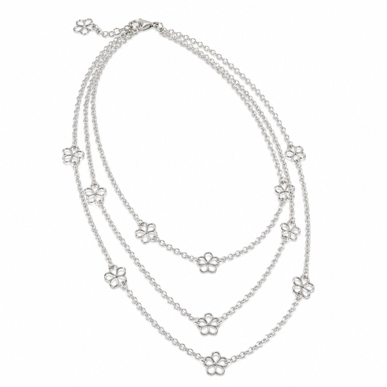 Blumen Design Layering-Kette 925er Sterling Silber Massiv Rhodiniert Verstellbar