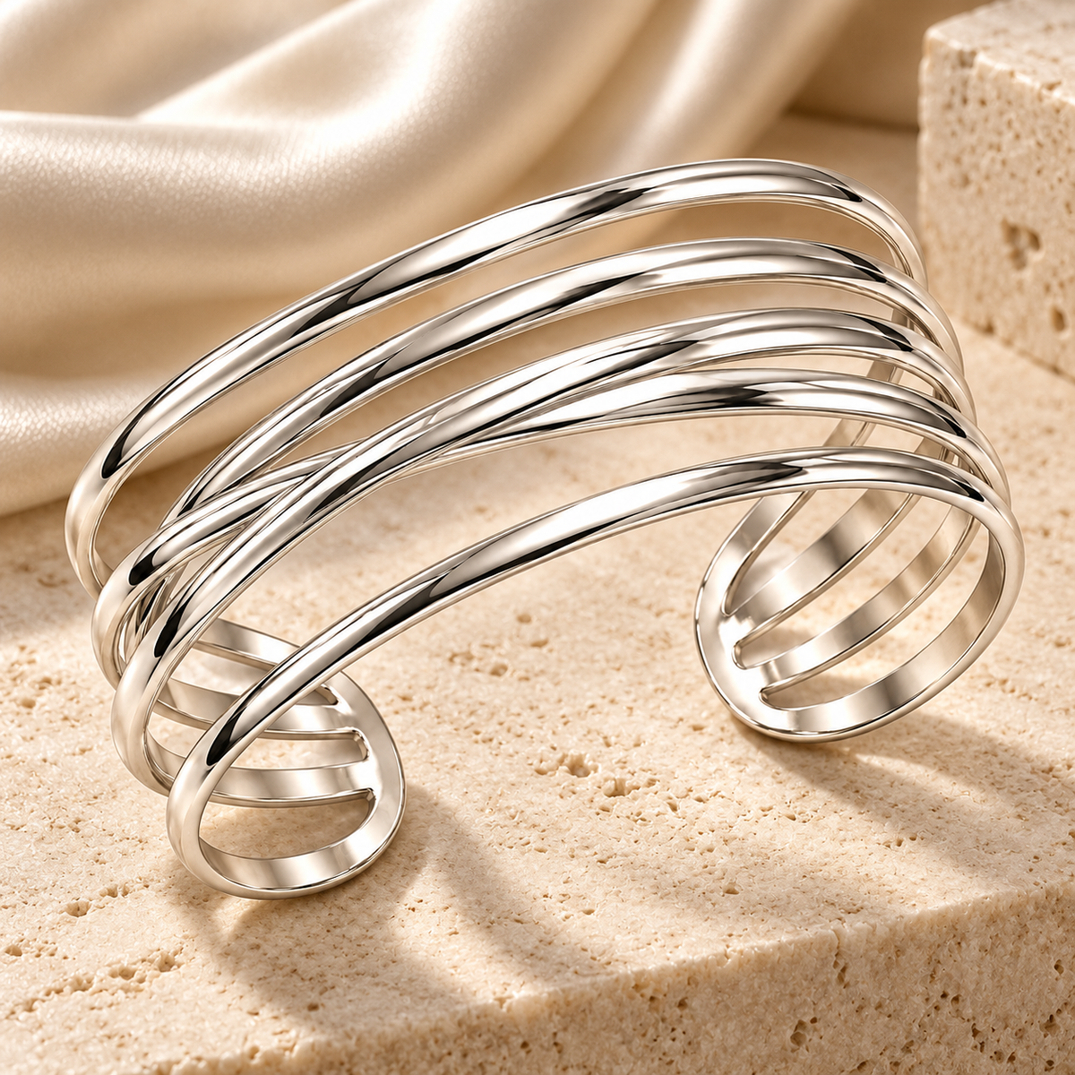 Mehrreihiger Wellen Armreif 925er Sterling Silber Rhodiniert