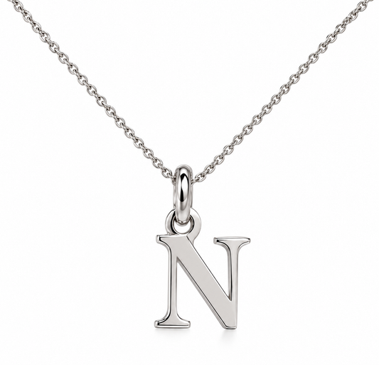 Buchstaben Anhänger N mit Kette Schlicht Echtes 925er Silber Rhodiniert