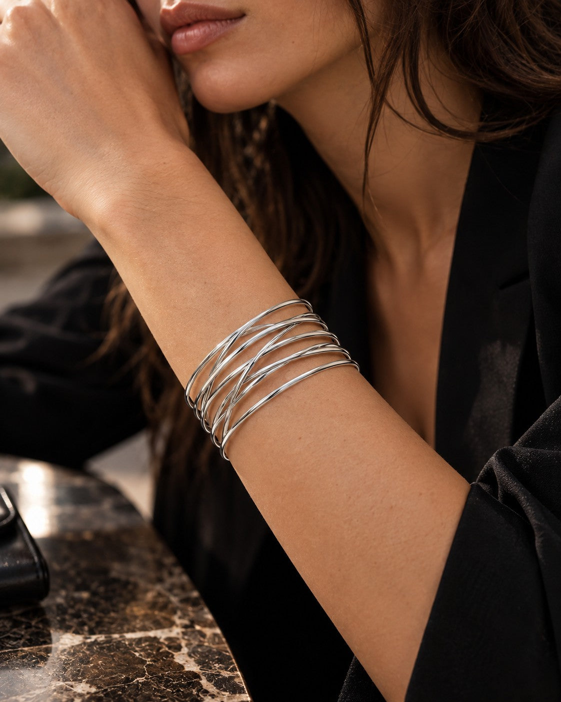 Mehrreihiger Wellen Armreif 925er Sterling Silber Rhodiniert