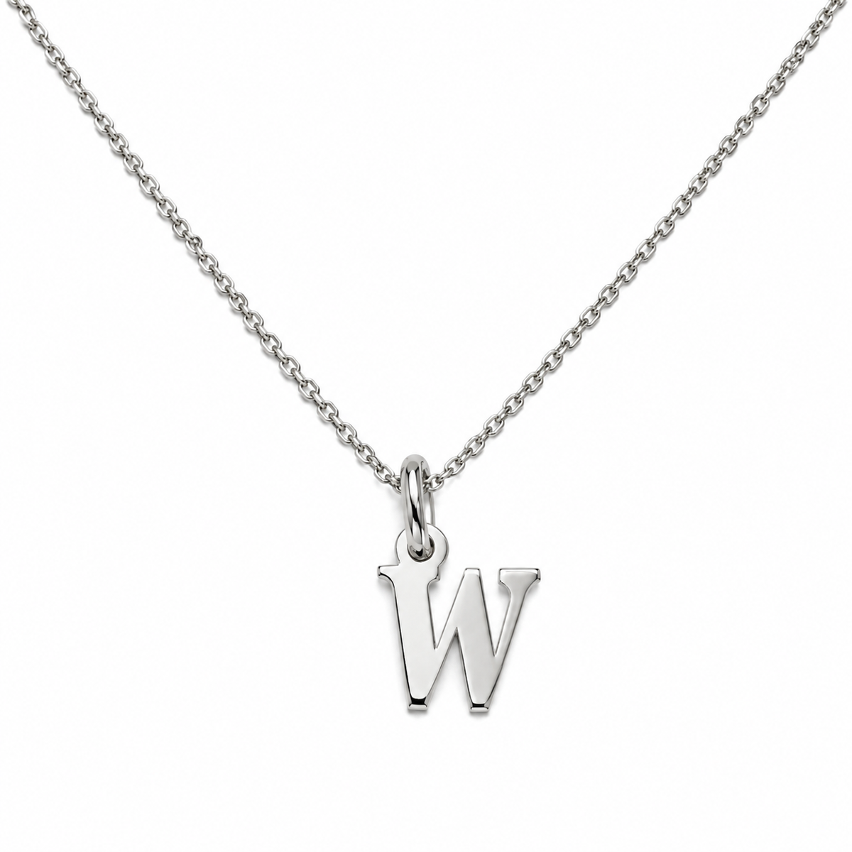 Buchstaben Anhänger W mit Kette Schlicht Echtes 925er Silber Rhodiniert