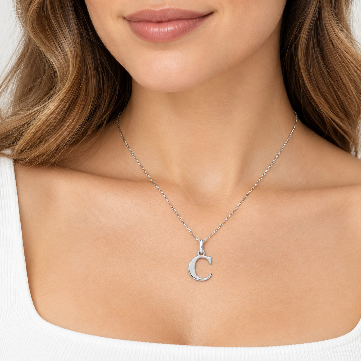 Buchstaben Anhänger C mit Kette Schlicht Echtes 925er Silber Rhodiniert