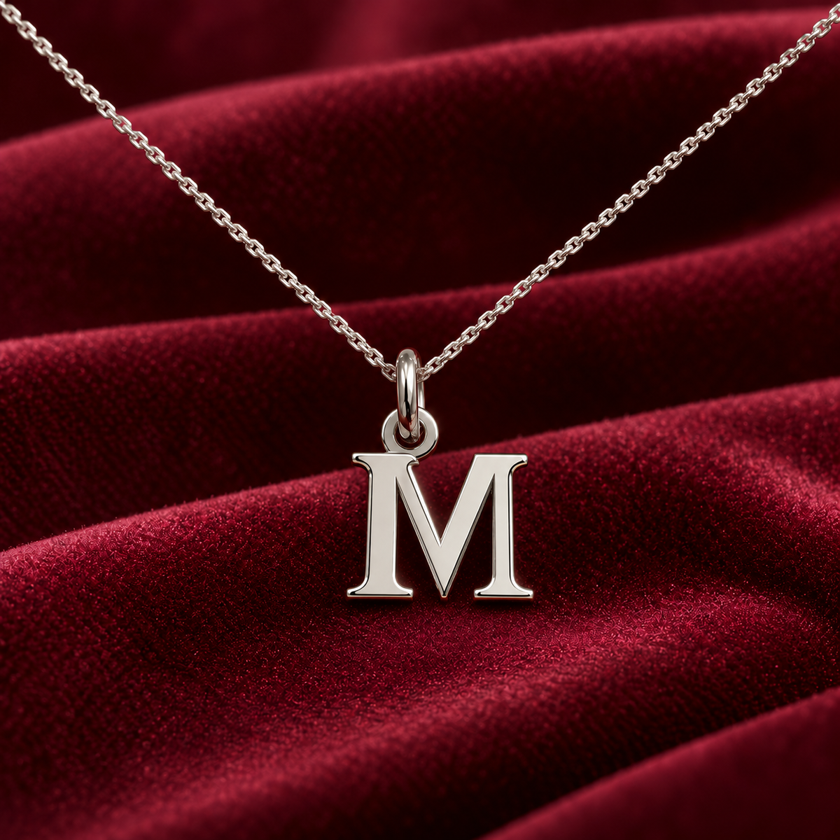 Buchstaben Anhänger M mit Kette Schlicht Echtes 925er Silber Rhodiniert