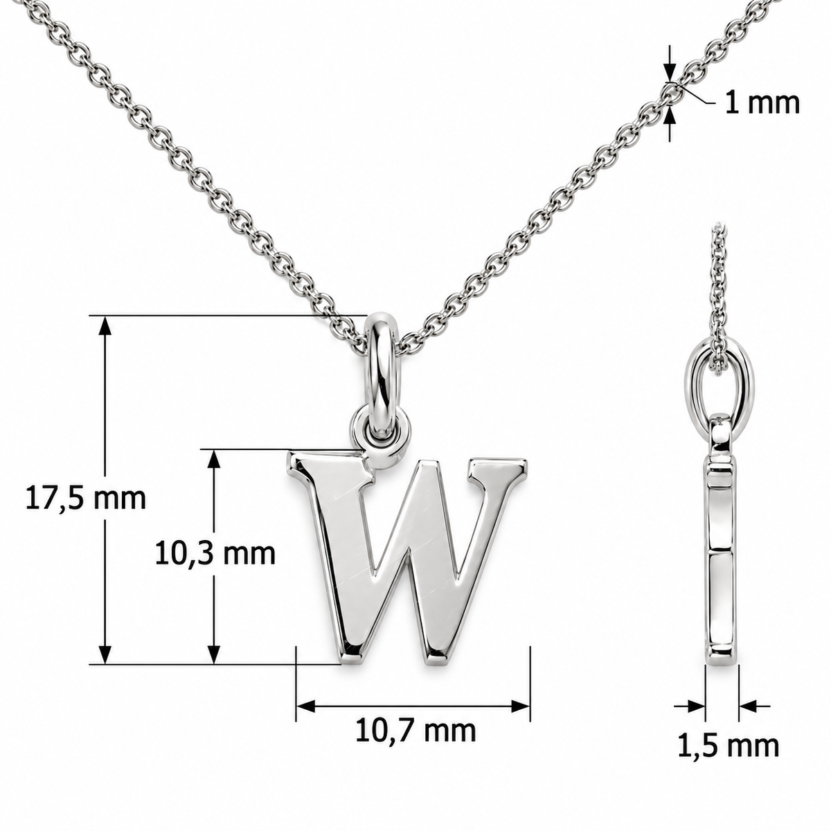 Buchstaben Anhänger W mit Kette Schlicht Echtes 925er Silber Rhodiniert