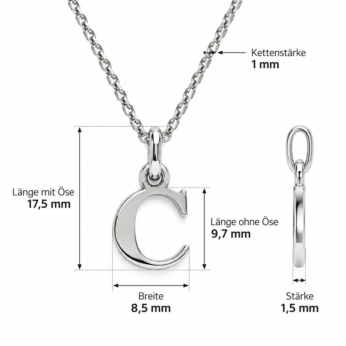 Buchstaben Anhänger C mit Kette Schlicht Echtes 925er Silber Rhodiniert