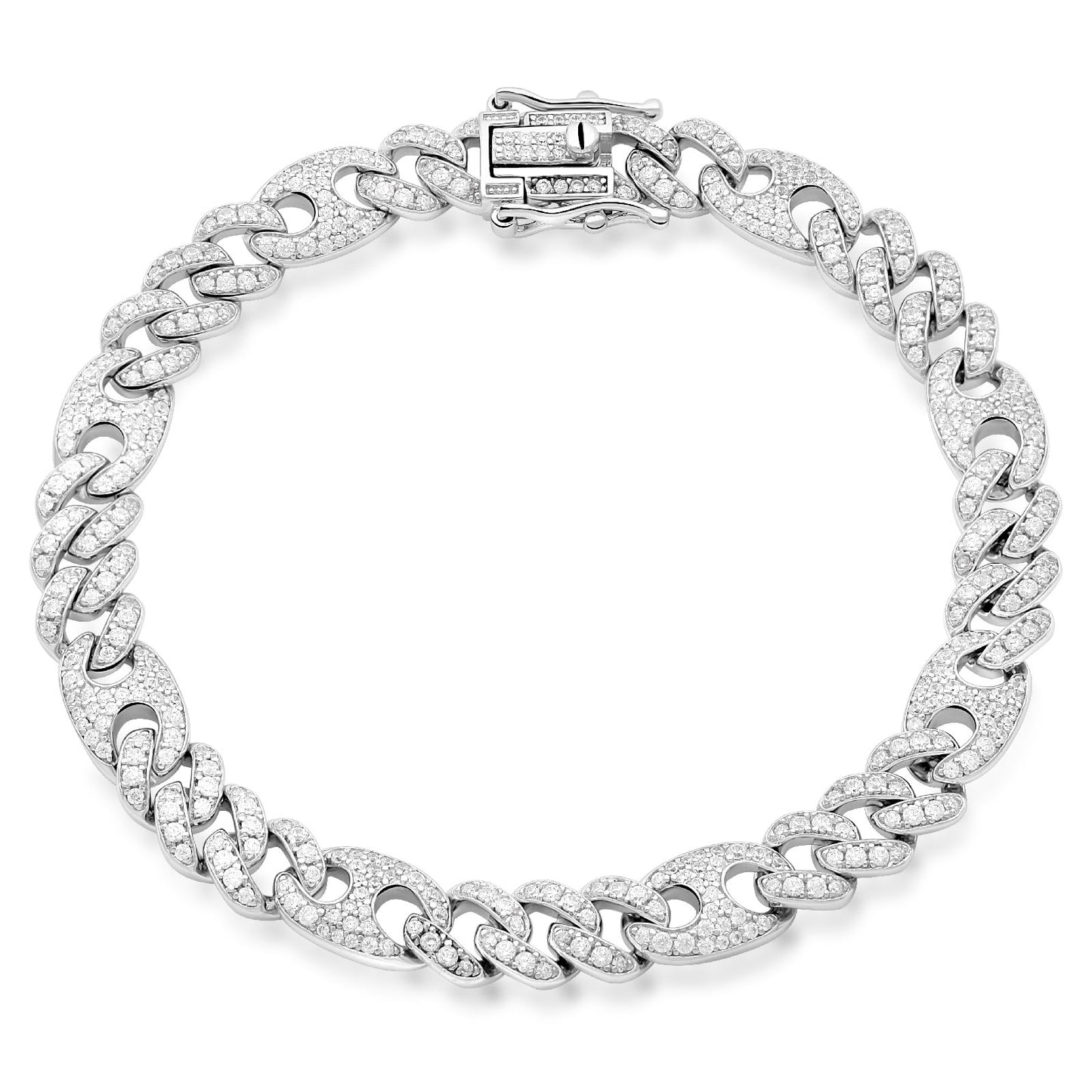 Panzerkaffebohnenarmband 8,5 mm Vollbesetzt Zirkonia Steine Weiß Echtes Silber für Damen und Herren