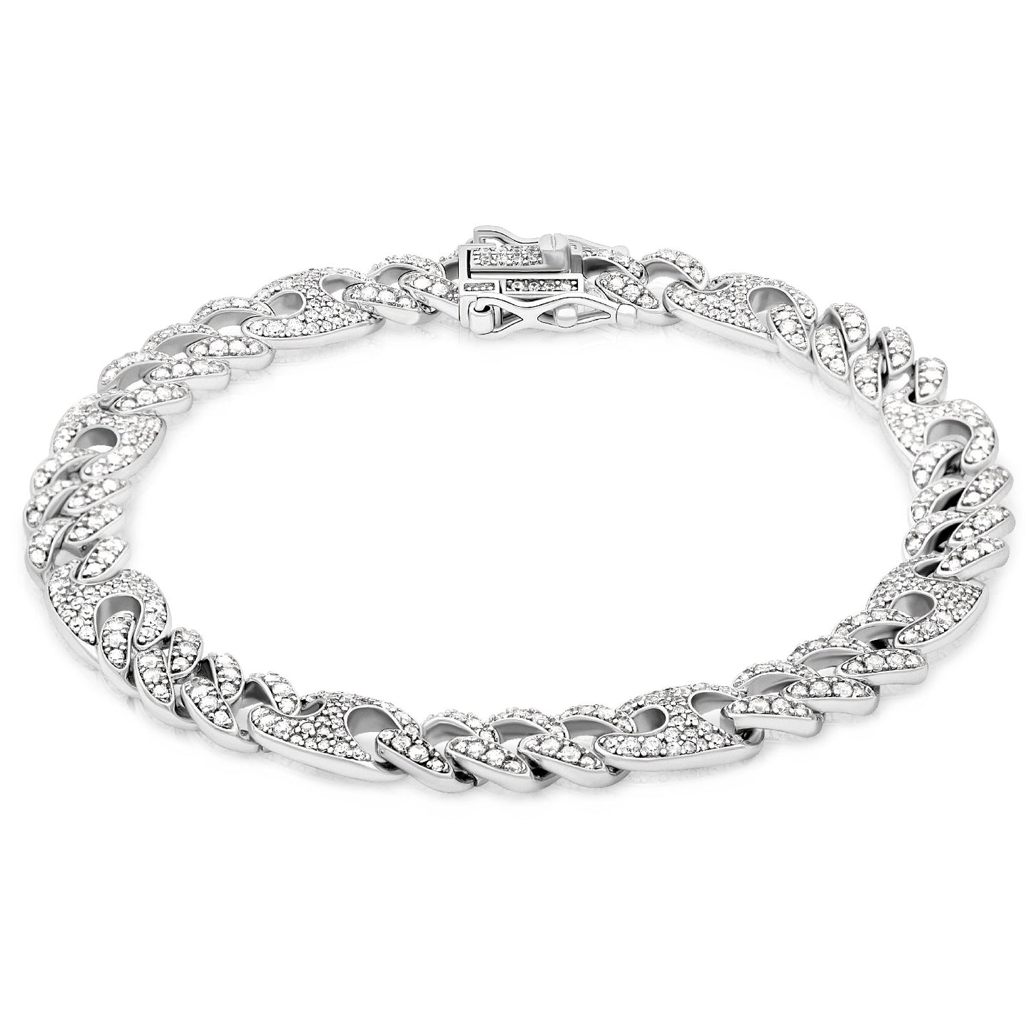 Panzerkaffebohnenarmband 8,5 mm Vollbesetzt Zirkonia Steine Weiß Echtes Silber für Damen und Herren