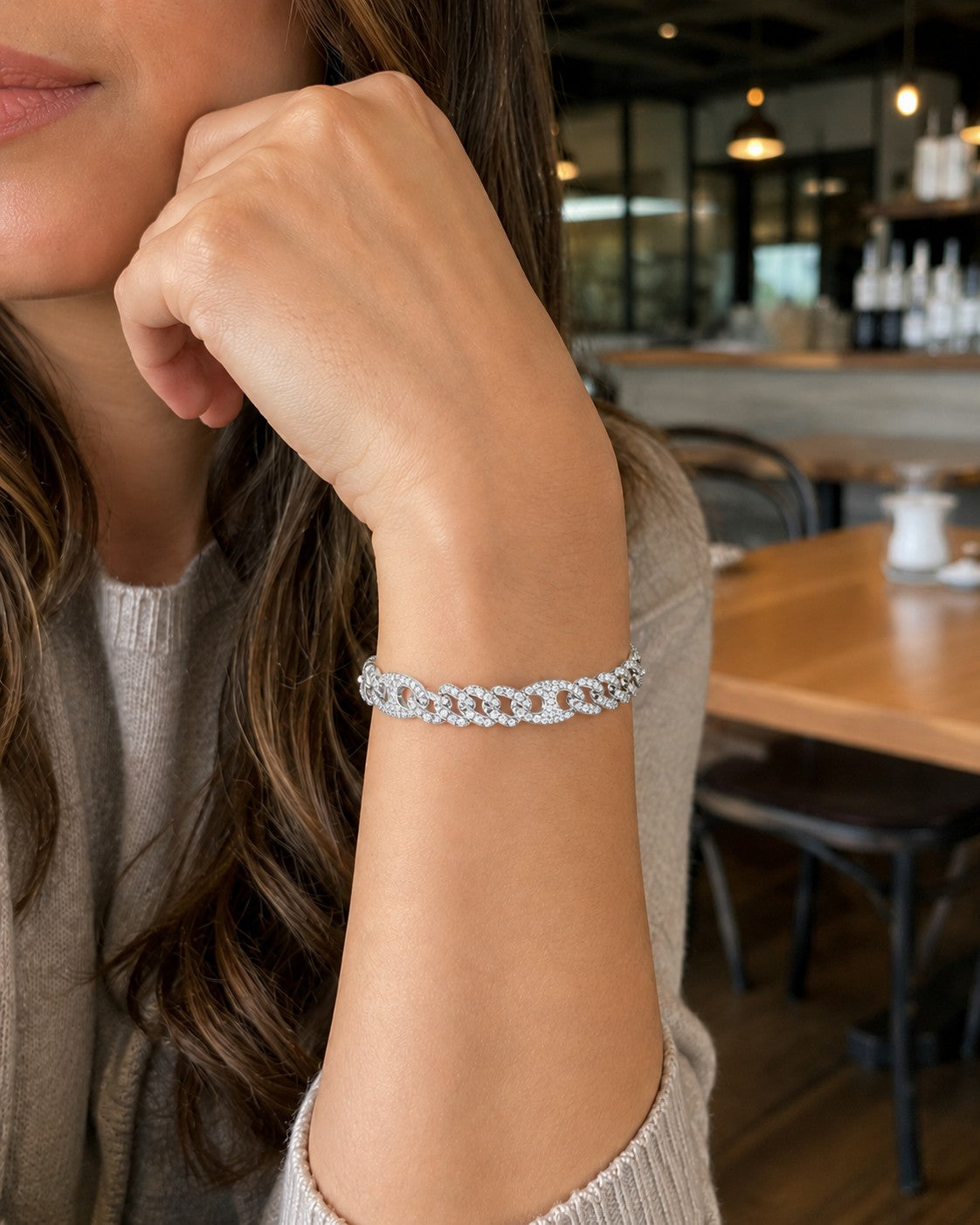 Panzerkaffebohnenarmband 8,5 mm Vollbesetzt Zirkonia Steine Weiß Echtes Silber für Damen und Herren
