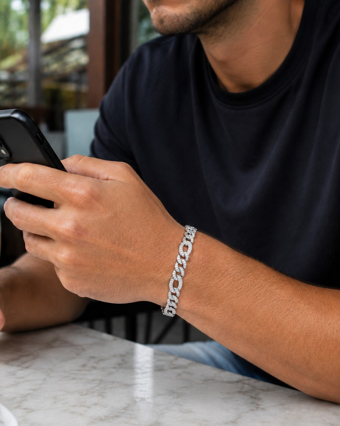 Panzerkaffebohnenarmband 8,5 mm Vollbesetzt Zirkonia Steine Weiß Echtes Silber für Damen und Herren