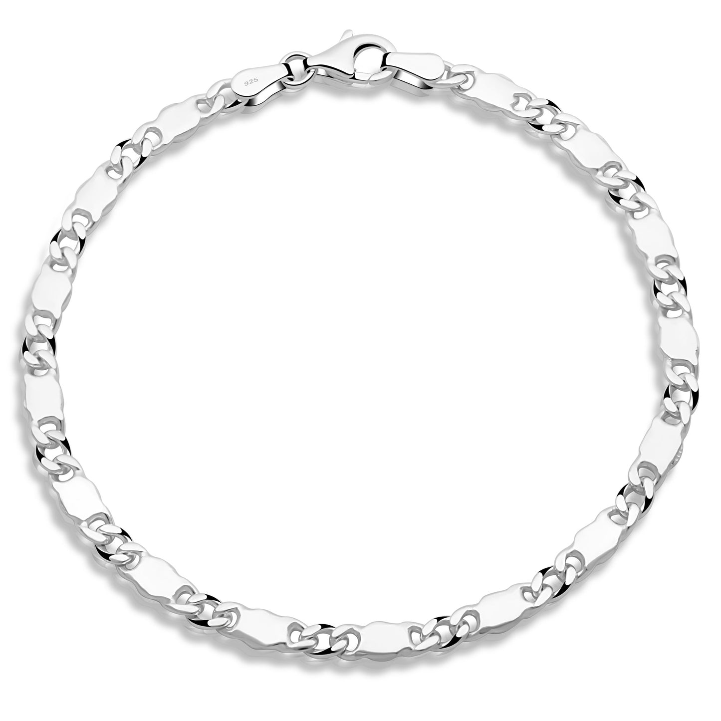 Panzer-Plattenarmband 4 mm Runder Karabiner 925er Sterling Silber Massiv